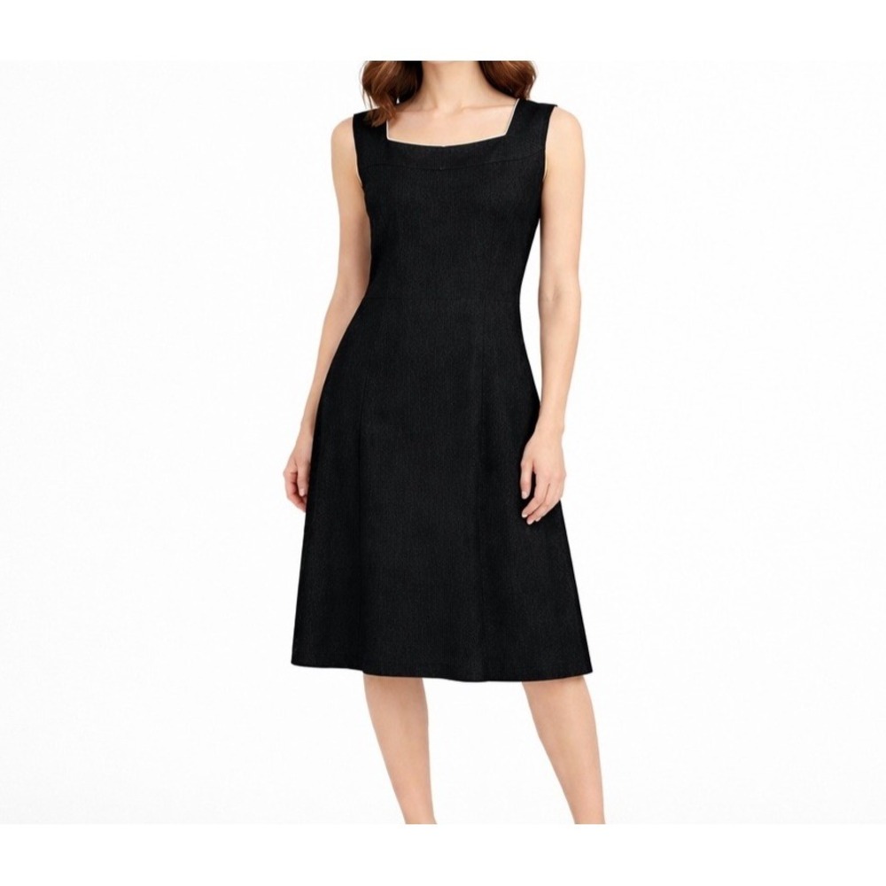 Vintage MARY MCFADDEN Black A-Line Dress sz 14 Sleeveless White Trim Work Casual